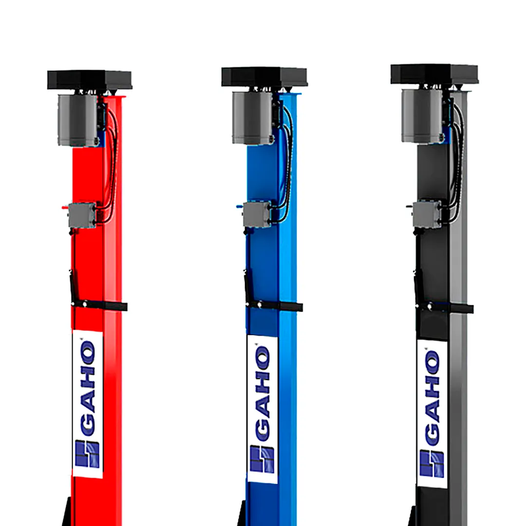 Colunas do elevador GAHO nas cores vermelha, azul e preta