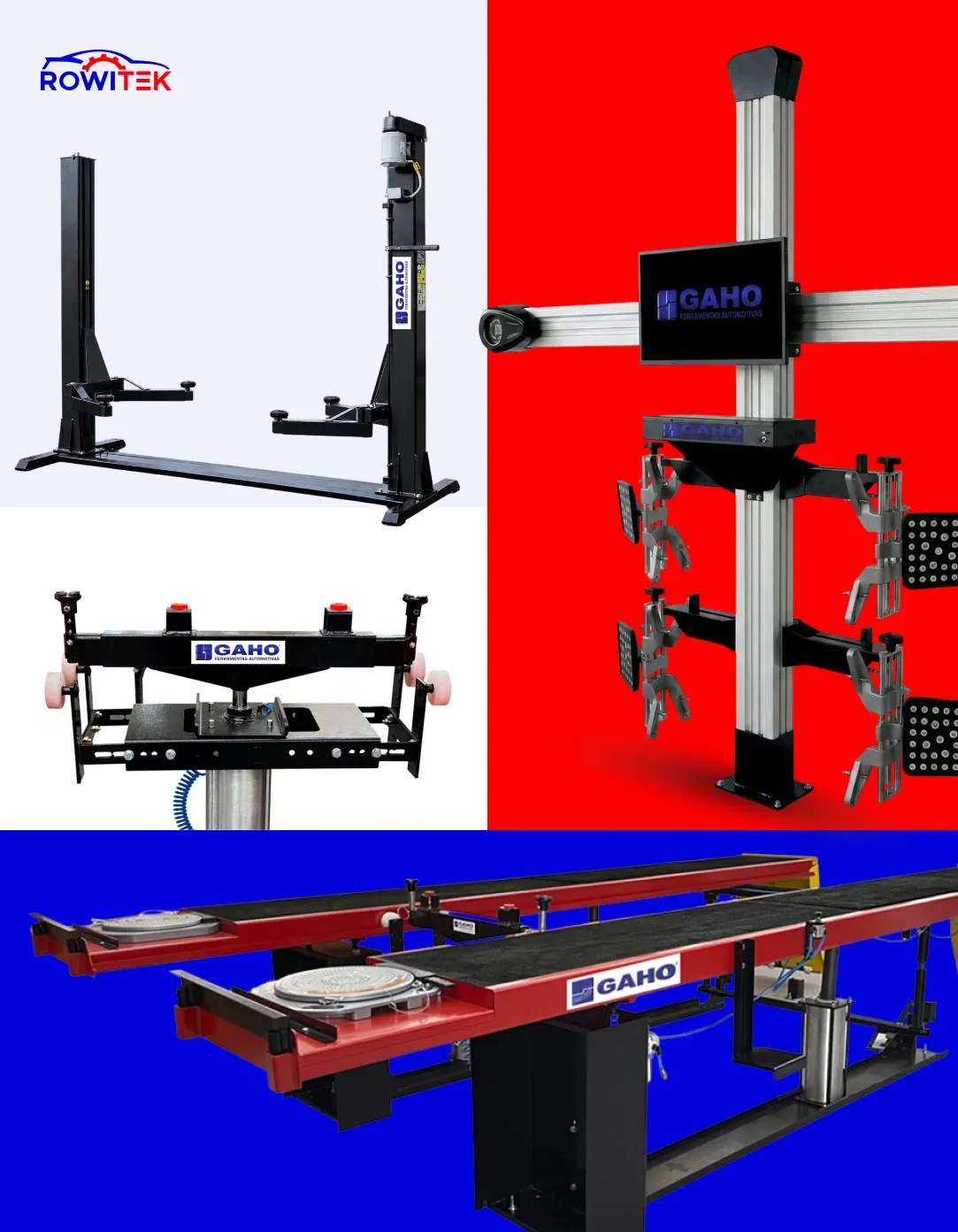 Equipamentos GAHO distribuídos pela Rowitek: elevador automotivo, alinhador 3D, macaco pneumático e rampa de alinhamento